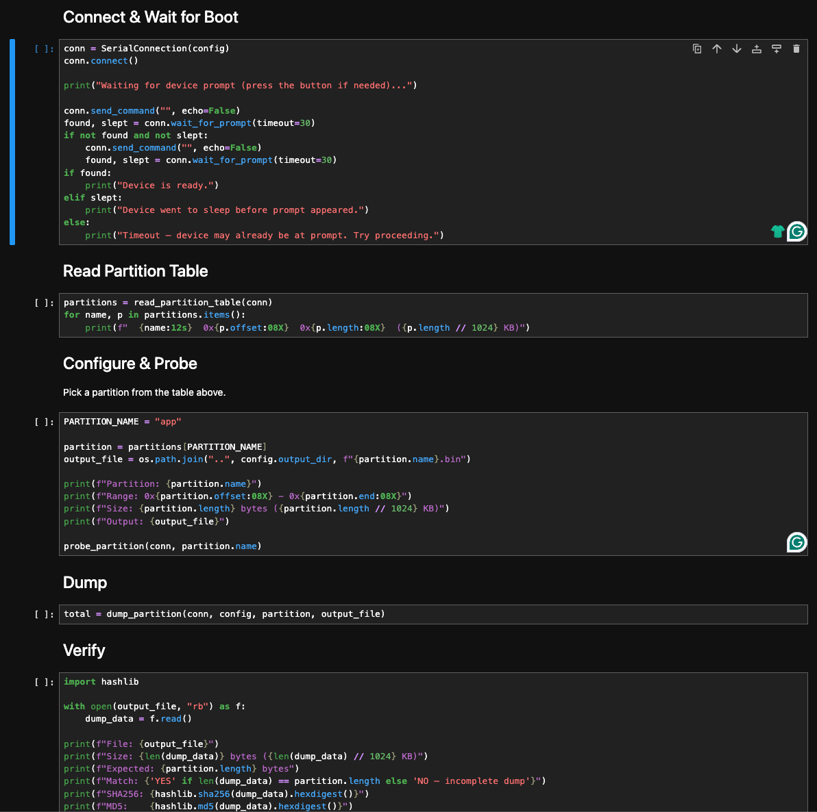Jupyter notebook with five cells: connect and wait for boot, read partition table, configure and probe, dump, verify