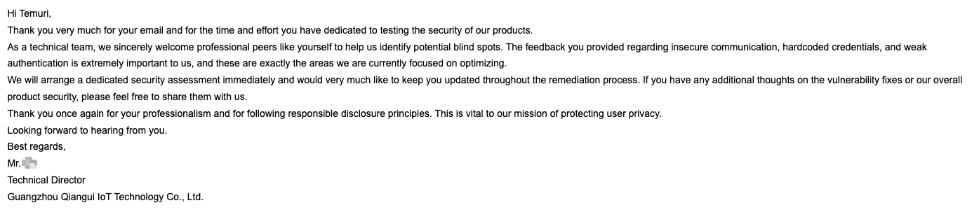 Email from Naxclow's technical director acknowledging the disclosure report