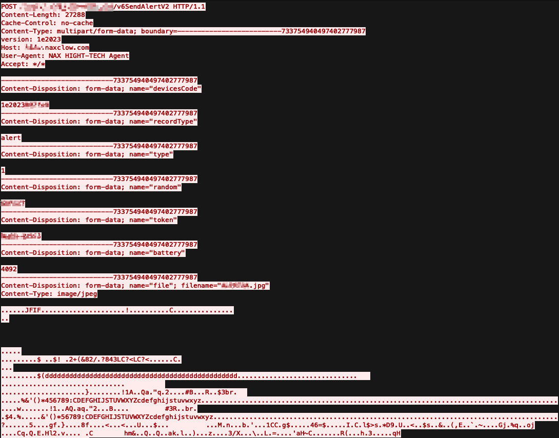 The send-alert request body with device ID, random nonce, signature-style token, and an attached JPG