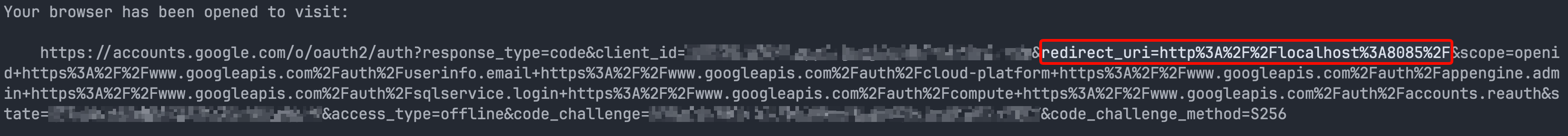 Terminal output from gcloud showing the OAuth authorization URL, with redirect_uri=http://localhost:8085 highlighted in the query string